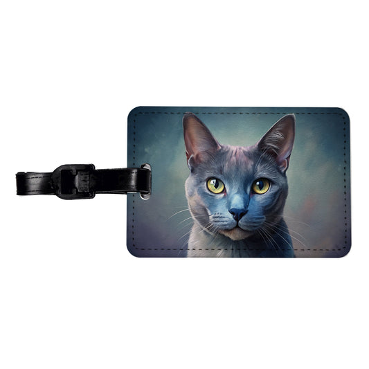 Russian Blue Cat Illustration Travel Faux Leather Luggage Tag