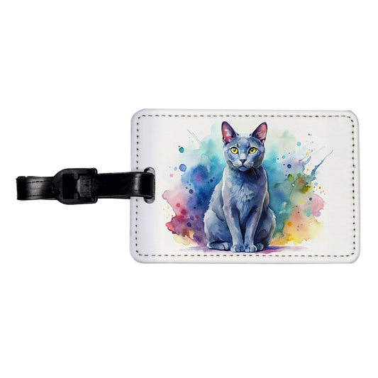 Russian Blue Cat Watercolor Style Travel Faux Leather Luggage Tag