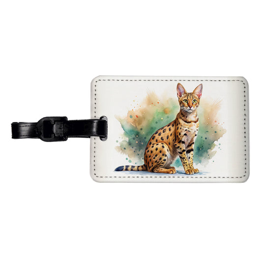 Savannah Cat Watercolor Style Travel Faux Leather Luggage Tag