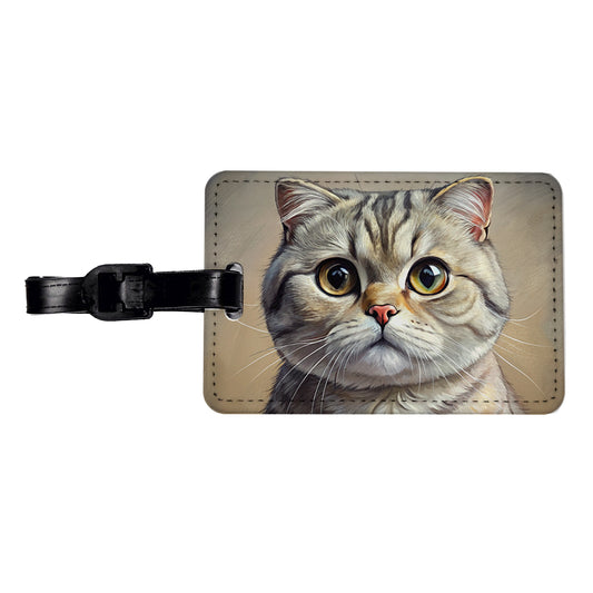Scottish Fold Cat Illustration Travel Faux Leather Luggage Tag