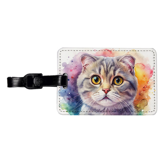 Scottish Fold Cat Watercolor Style Travel Faux Leather Luggage Tag