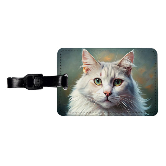 Turkish Angora Cat Illustration Travel Faux Leather Luggage Tag