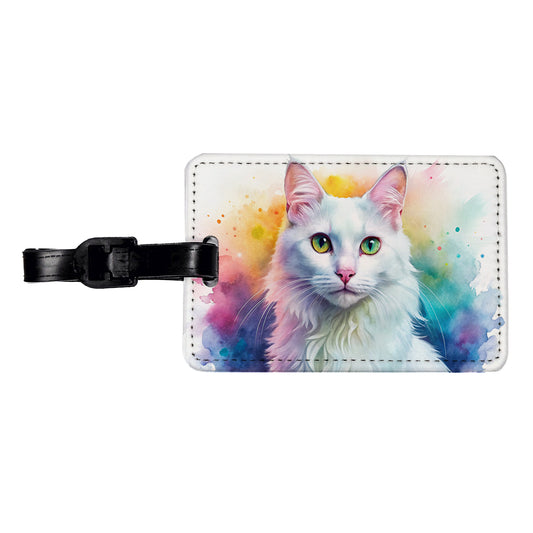 Turkish Angora Cat Watercolor Style Travel Faux Leather Luggage Tag