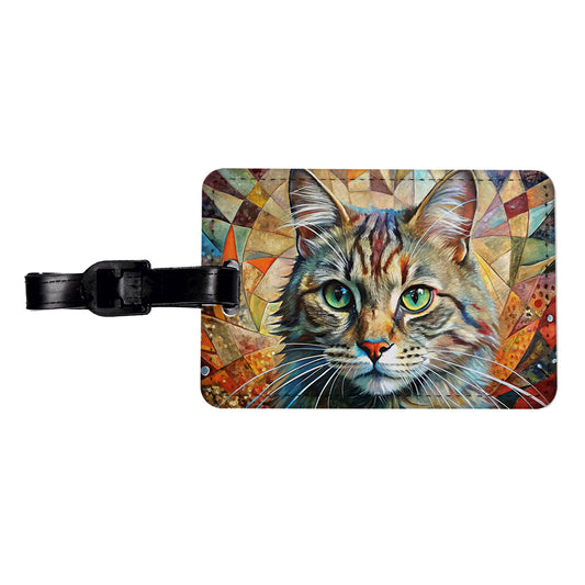 Cute Tabby Cat Abstract Art Travel Faux Leather Luggage Tag