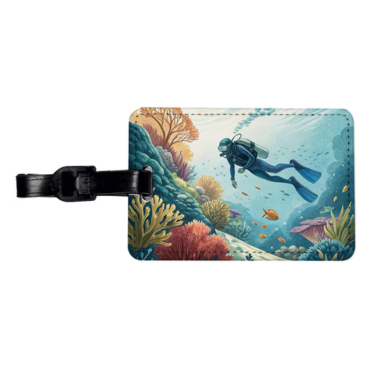 Diving Diver Exploring Underwater Travel Faux Leather Luggage Tag