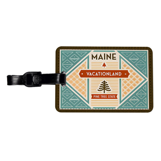 Maine ME Vacationland Pine Tree State Travel Vacation Stamp Travel Faux Leather Luggage Tag