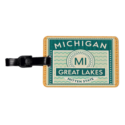 Michigan MI Great Lakes Mitten State Travel Vacation Stamp Travel Faux Leather Luggage Tag