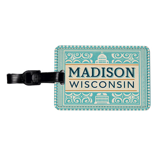 Madison WI Wisconsin Travel Vacation Stamp Travel Faux Leather Luggage Tag