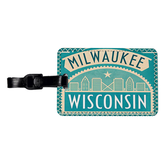 Milwaukee WI Wisconsin Travel Vacation Stamp Travel Faux Leather Luggage Tag