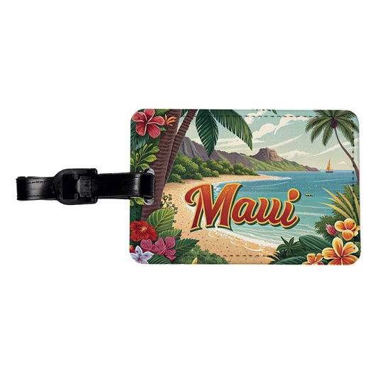 Maui, Hawaii HI Tropical Travel City State Stamp Travel Faux Leather Luggage Tag