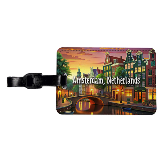 Amsterdam, Netherlands Travel City Country Stamp Travel Faux Leather Luggage Tag