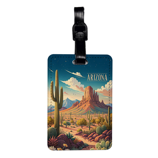 Arizona State Desert Cactus Flowers Mountain Scene Travel Faux Leather Luggage Tag