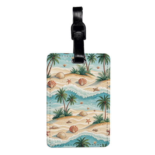 Beach Tropical Palm Trees Shells Background Vacation Travel Faux Leather Luggage Tag