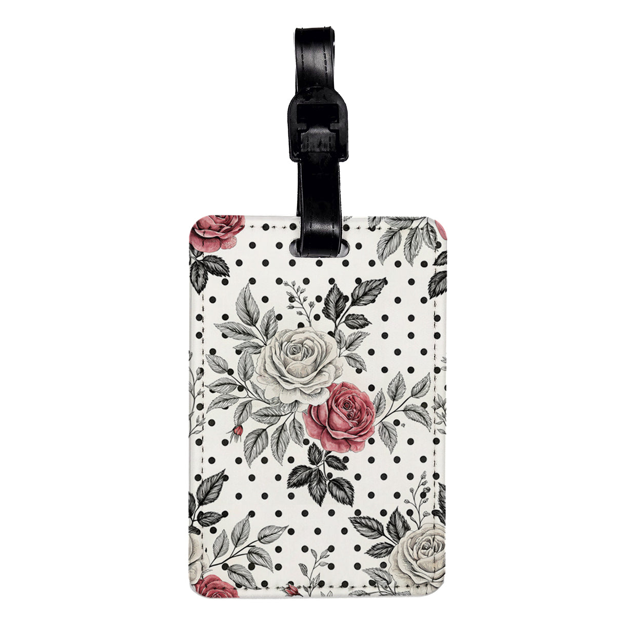 Black White Pink Roses And Polka Dots Travel Faux Leather Luggage Tag