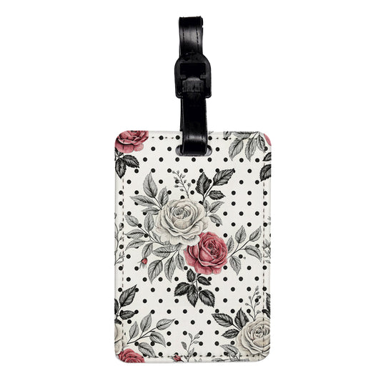 Black White Pink Roses And Polka Dots Travel Faux Leather Luggage Tag