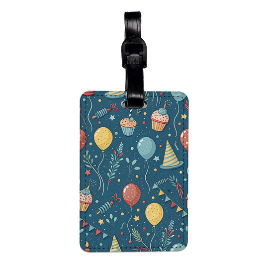 Blue Birthday Background Balloons Hats Cupcakes Travel Faux Leather Luggage Tag