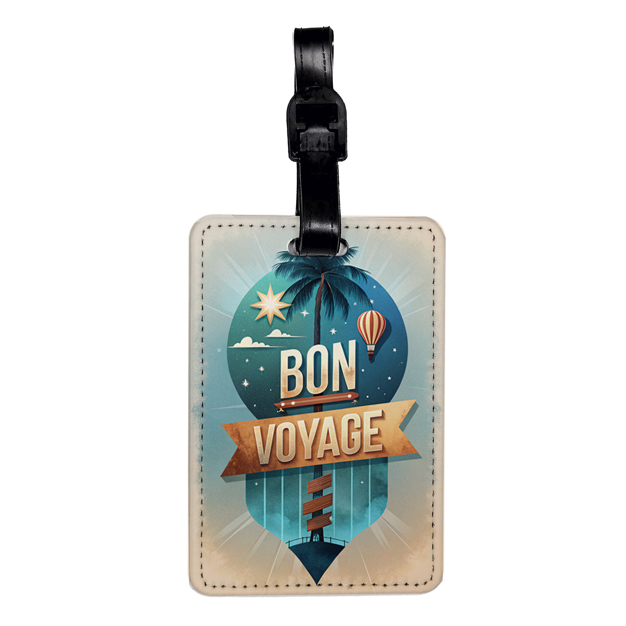 Bon Voyage Vacation Hot Air Balloon Palm Tree Travel Faux Leather Luggage Tag