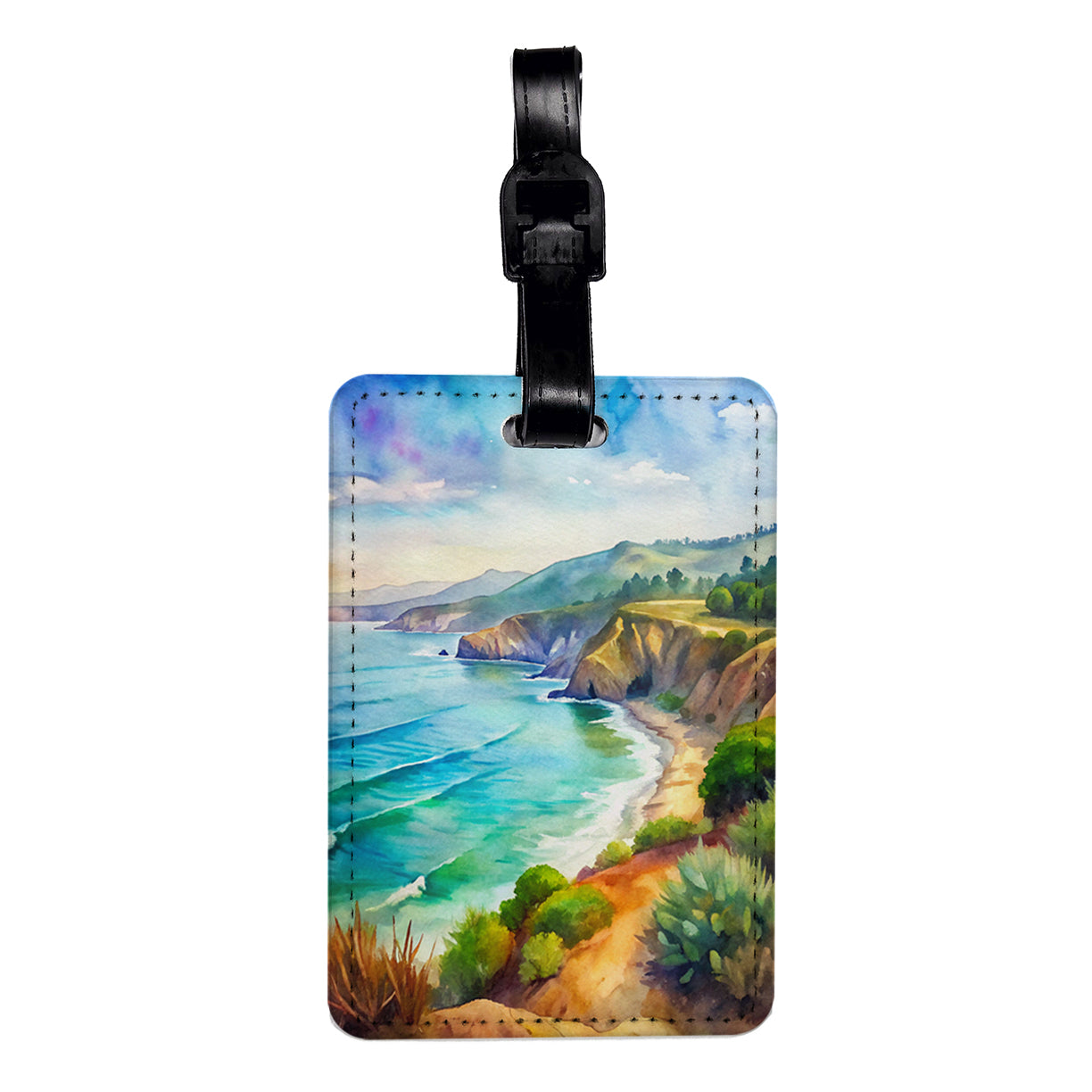California Coast Beach Ocean Painting Travel Faux Leather Luggage Tag