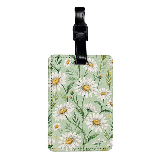 Daisy Flowers White Green Background Travel Faux Leather Luggage Tag