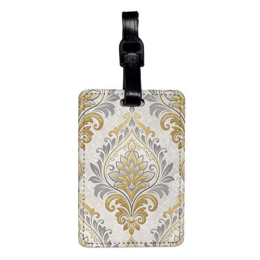 Damask Silver Gold Travel Faux Leather Luggage Tag
