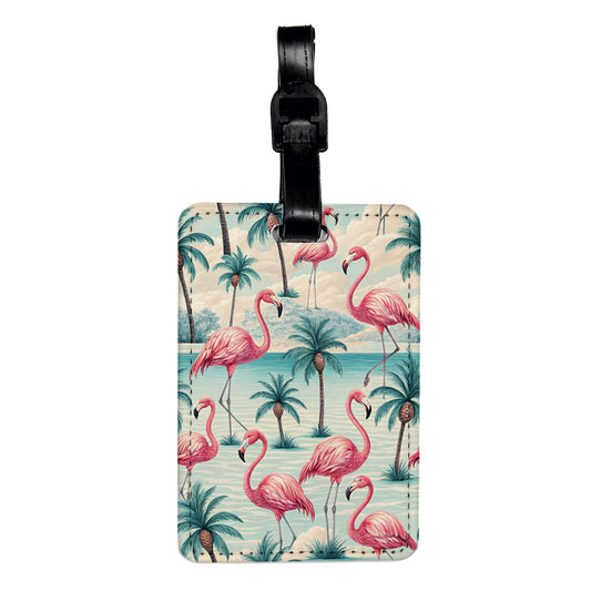 Flamingos Palm Trees Background Travel Faux Leather Luggage Tag