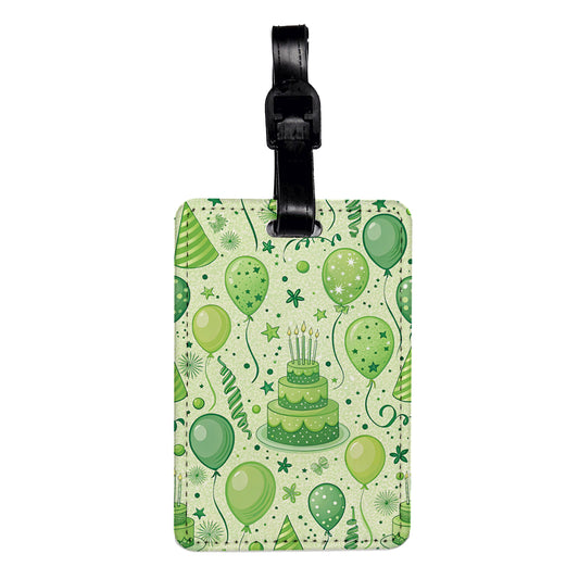 Green Birthday Background Balloons Cake Travel Faux Leather Luggage Tag