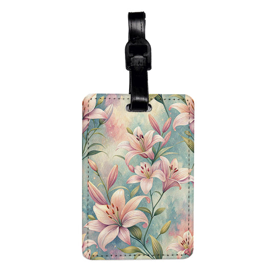 Lily Flowers Pink Background Travel Faux Leather Luggage Tag
