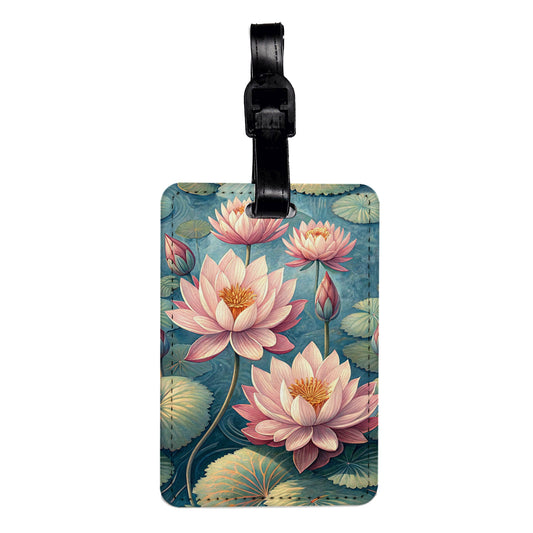 Lotus Flowers Pink Pond Background Travel Faux Leather Luggage Tag