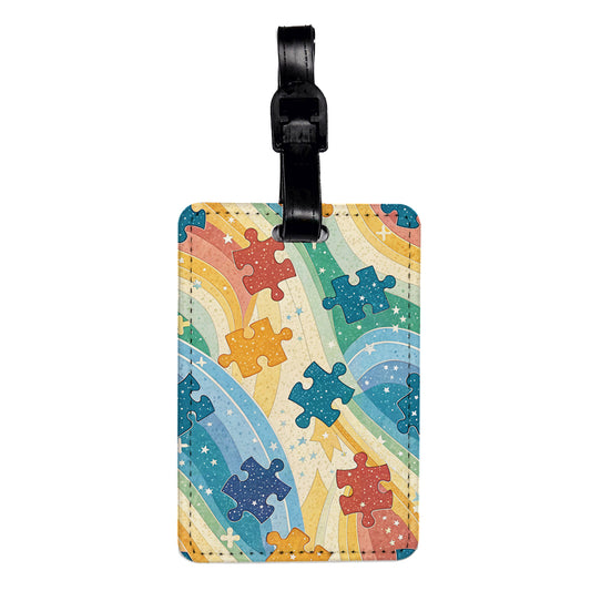 Multi Colored Autism Acceptance Puzzle Pieces Travel Faux Leather Luggage Tag