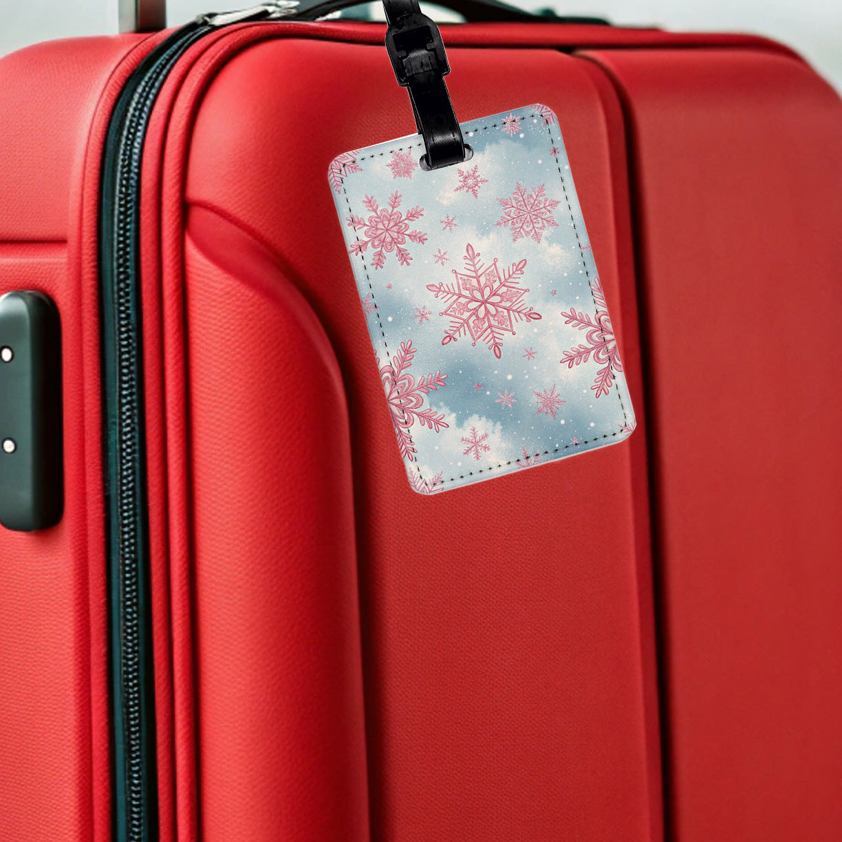Pink Snowflakes Cute Winter Travel Faux Leather Luggage Tag