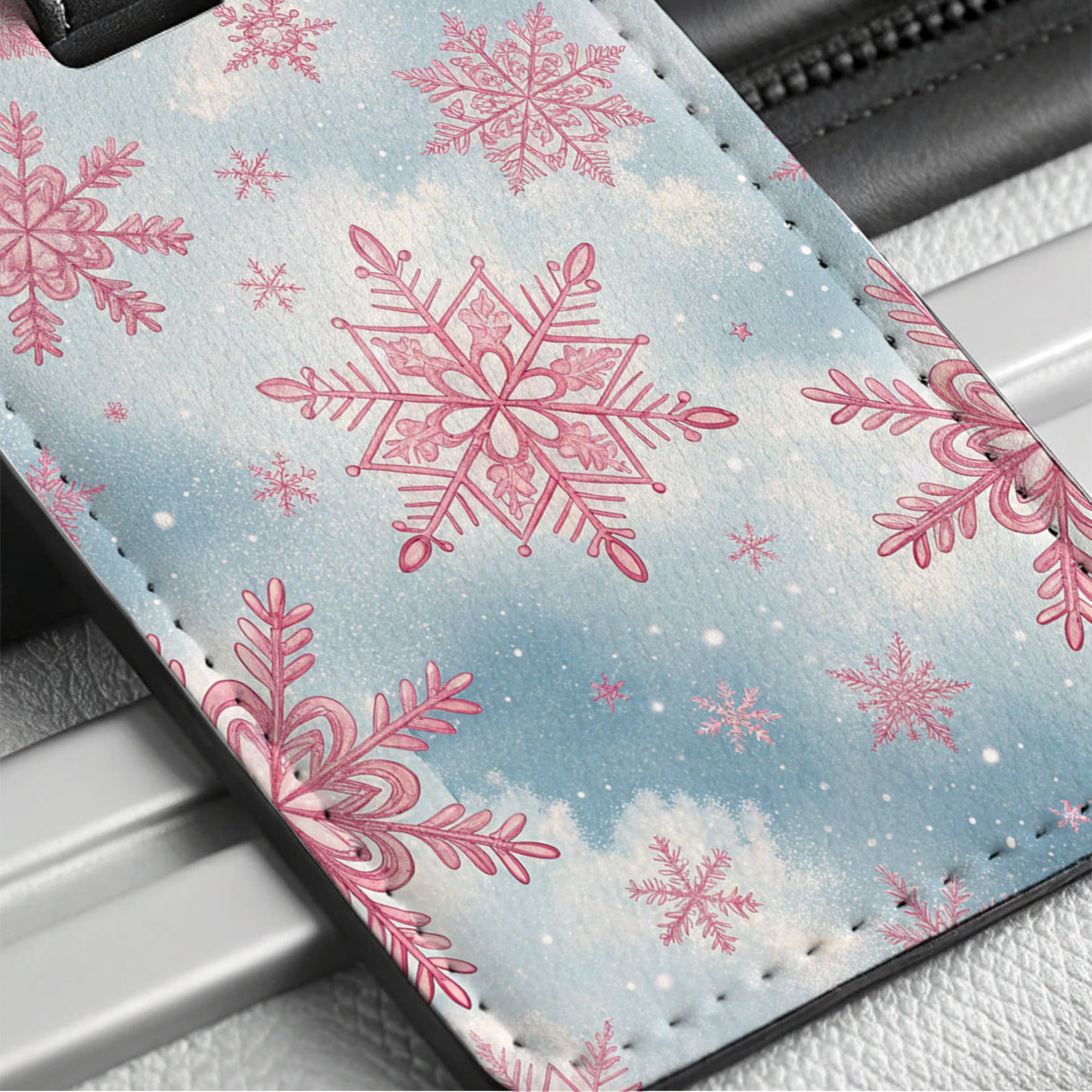 Pink Snowflakes Cute Winter Travel Faux Leather Luggage Tag