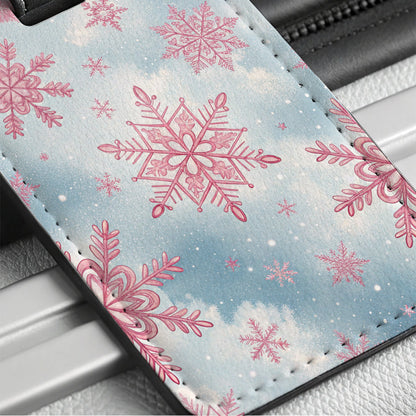 Pink Snowflakes Cute Winter Travel Faux Leather Luggage Tag