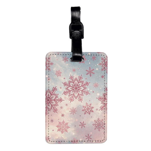 Pink Snowy Snowflakes Winter Travel Faux Leather Luggage Tag