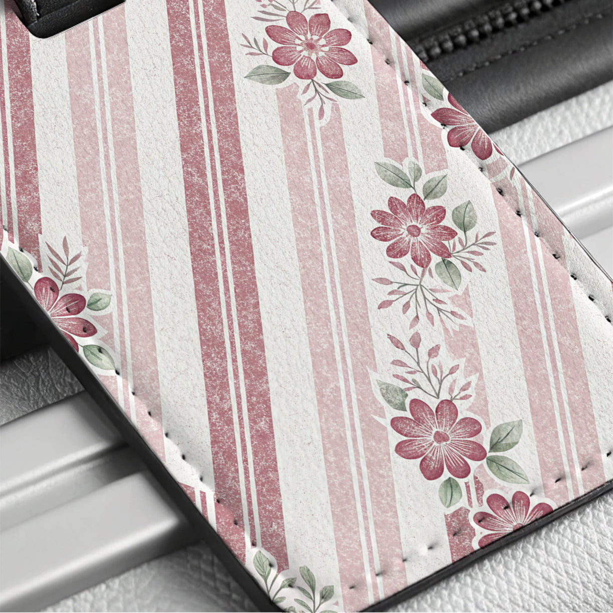 Pink Stripes And Flowers Travel Faux Leather Luggage Tag