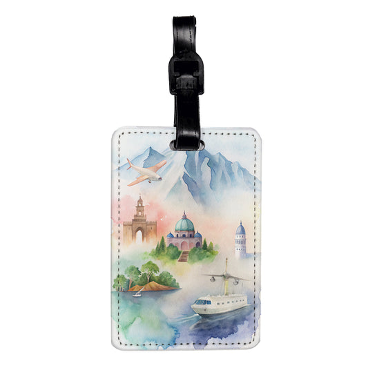 Travel Icons Watercolor Travel Faux Leather Luggage Tag
