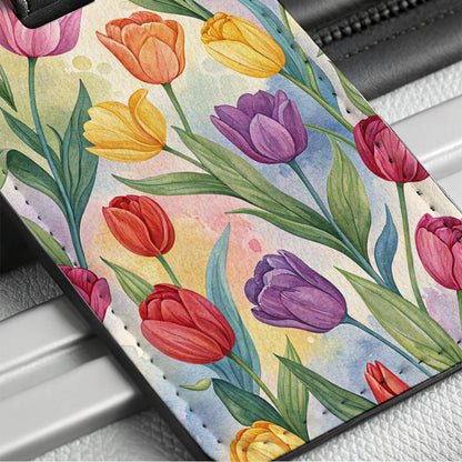 Tulip Flowers Pink Orange Yellow Purple Travel Faux Leather Luggage Tag