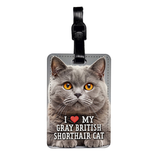 I Love My Gray British Shorthair Cat Heart Travel Faux Leather Luggage Tag