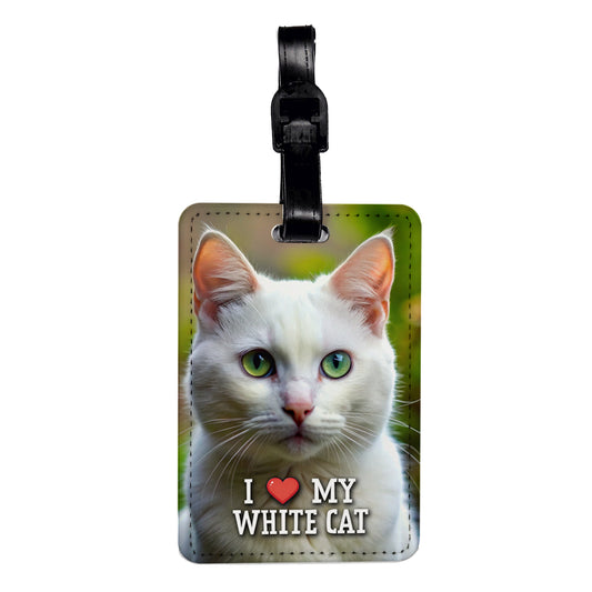 I Love My White Cat Heart Travel Faux Leather Luggage Tag