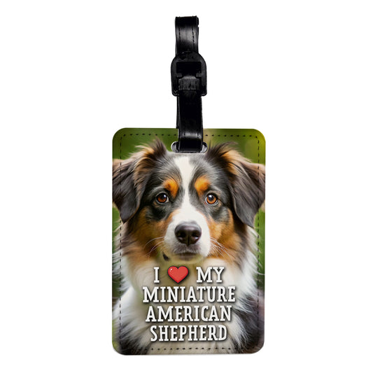I Love My Miniature American Shepherd Dog Heart Travel Faux Leather Luggage Tag