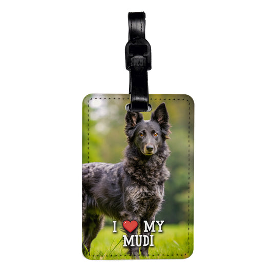 I Love My Mudi Dog Heart Travel Faux Leather Luggage Tag