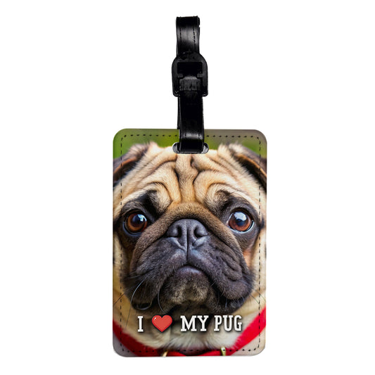 I Love My Pug Dog Heart Travel Faux Leather Luggage Tag