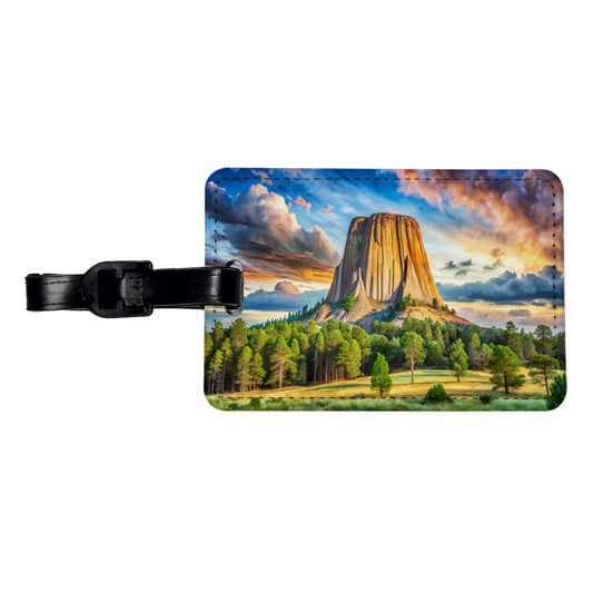Devils Tower National Monument Wyoming Watercolor Style Travel Faux Leather Luggage Tag