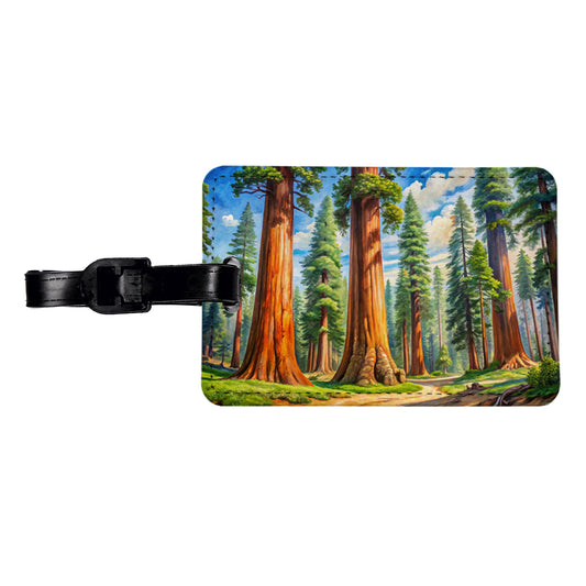 Giant Sequoia National Monument California Watercolor Style Travel Faux Leather Luggage Tag