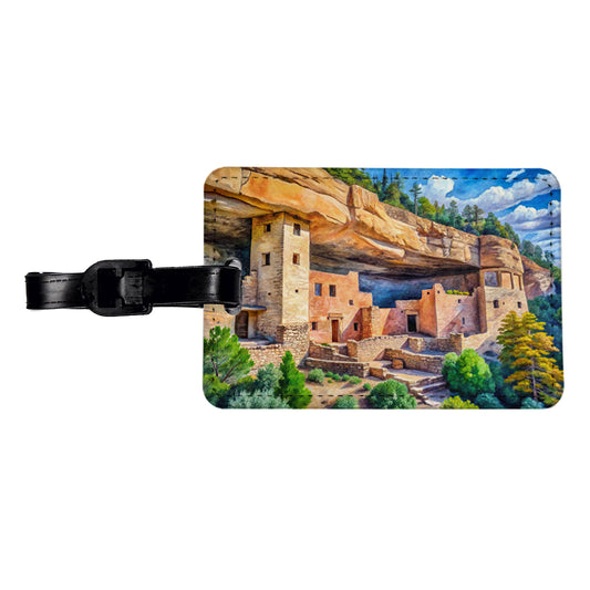 Gila Cliff Dwellings National Monument New Mexico Watercolor Style Travel Faux Leather Luggage Tag