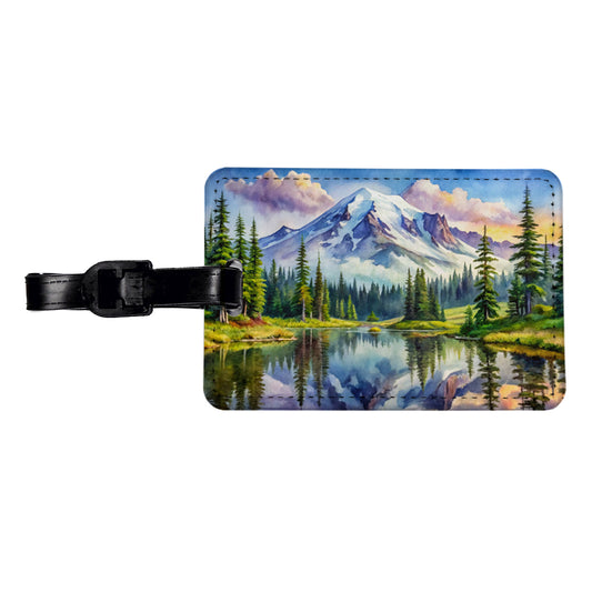 Mount Rainier National Park Washington Watercolor Style Travel Faux Leather Luggage Tag
