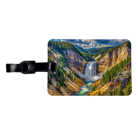 Yellowstone National Park Lower Falls Watercolor Style Travel Faux Leather Luggage Tag
