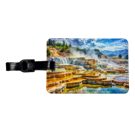 Yellowstone National Park Mammoth Hot Springs Watercolor Style Travel Faux Leather Luggage Tag