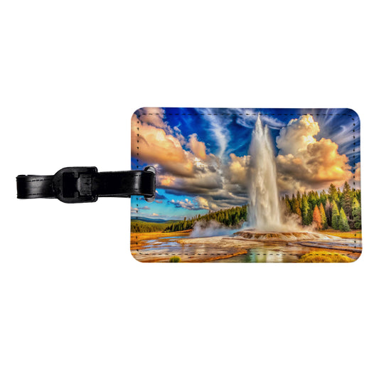 Yellowstone National Park Old Faithful Watercolor Style Travel Faux Leather Luggage Tag