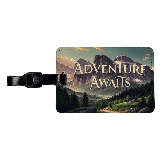 Adventure Awaits Mountains Hiking Camping Travel Faux Leather Luggage Tag