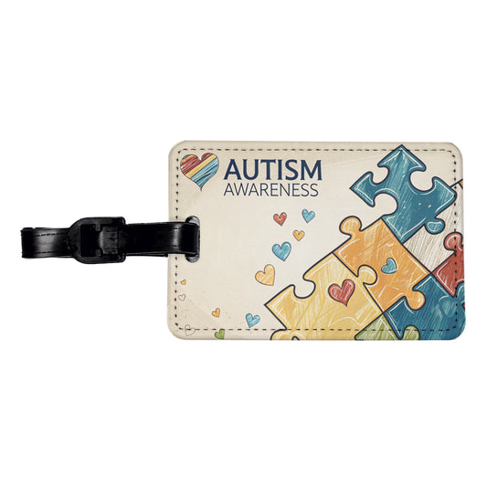 Autism Awareness Puzzle Pieces Heart Travel Faux Leather Luggage Tag